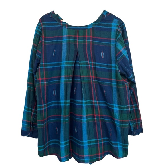Women's 18 Wide Blue Green Plaid Casual Relaxed Cotton Button Up PLUS Blouse - Picture 4 of 4